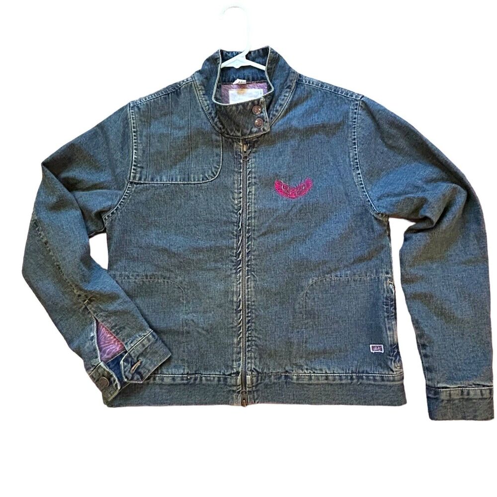 Analog Women's Havanna Denim Coat Crop Bomber Burton Blue Jean Patch Size S